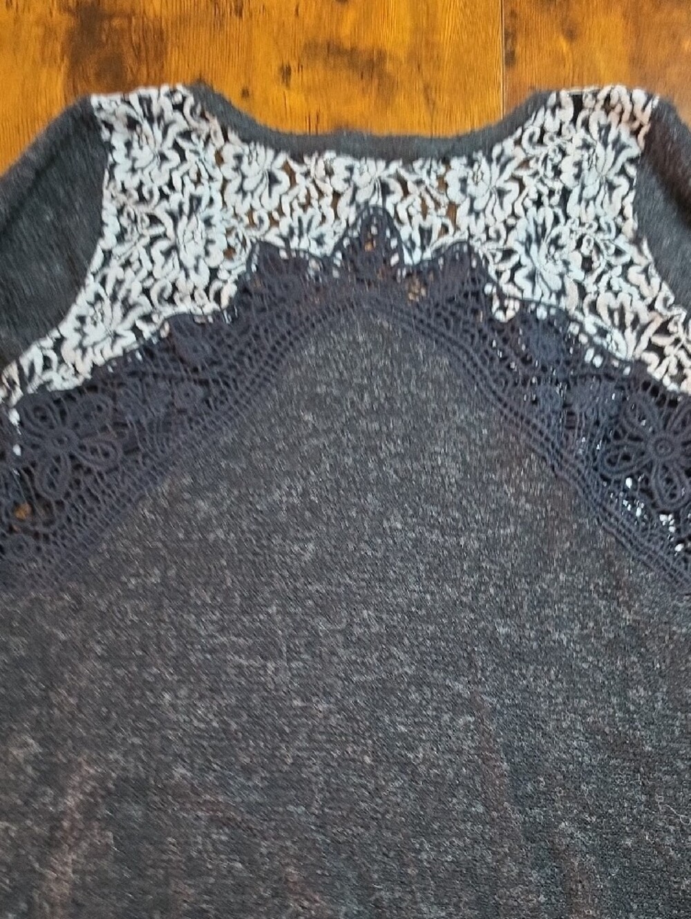 A'REVE | Boho Charcoal Lace Crochet Mixed Media Slub Swing Sweater Top | M - Picture 10 of 12